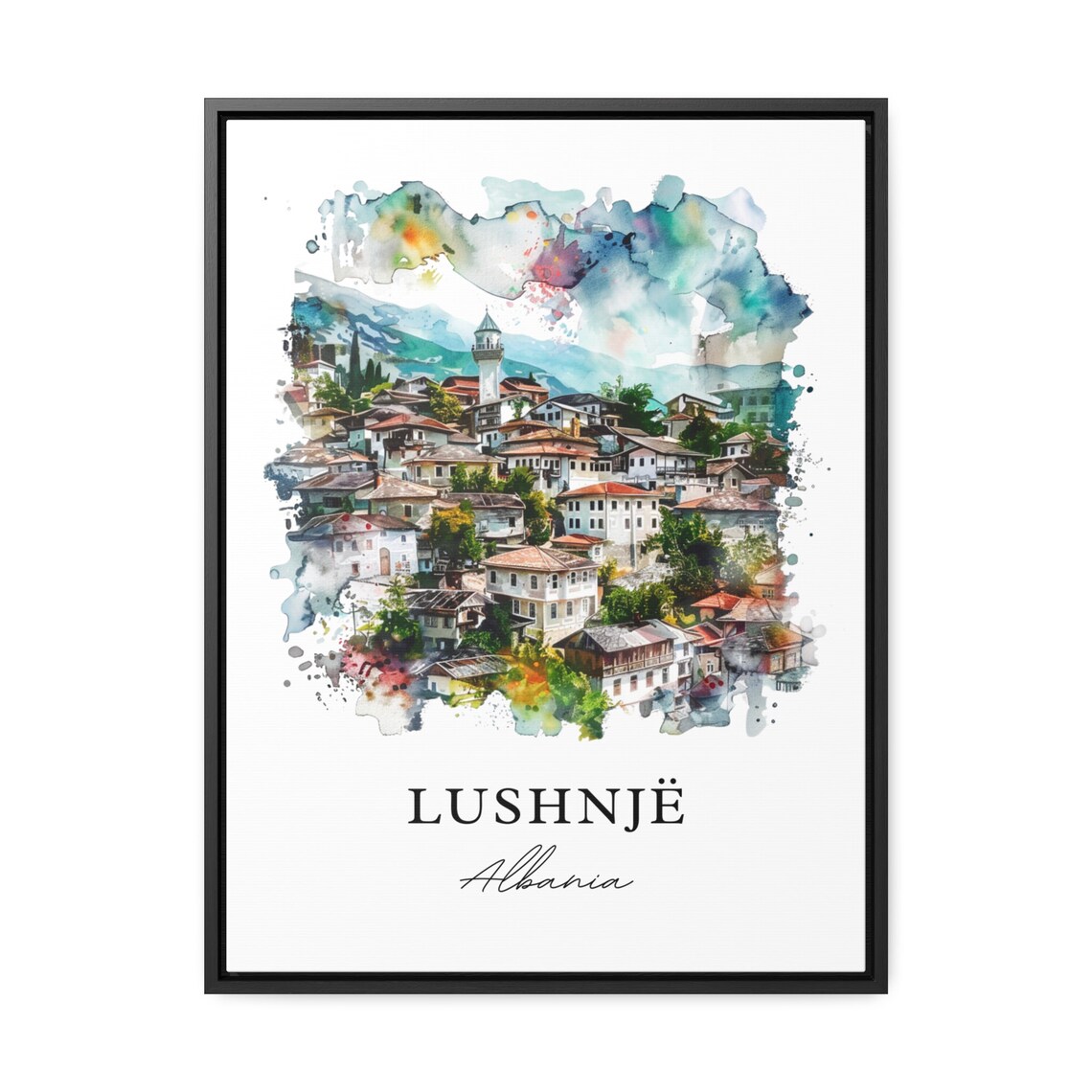 Lushnje Albania Hillside Old Town Charming Watercolor Travel Poster - Image 3
