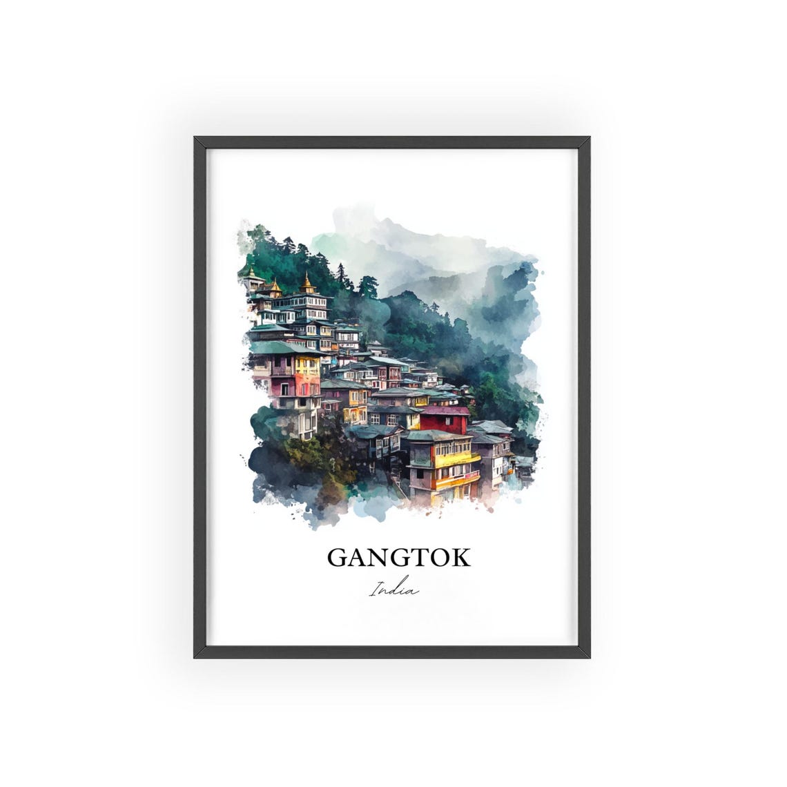 Gangtok India Watercolor Hillside Mountain Town Misty Poster - Image 2