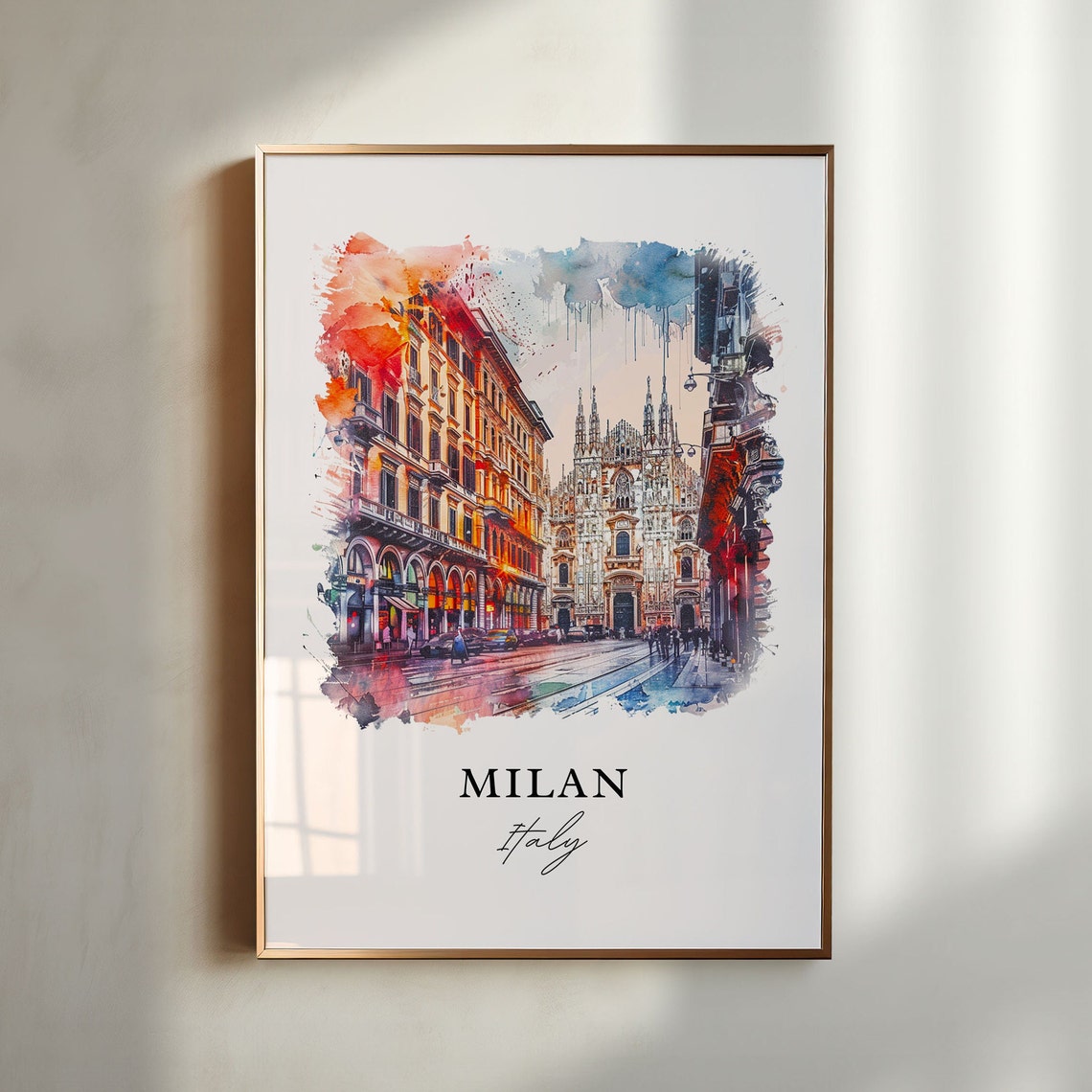 Milan Italy Duomo Cathedral Street Scene Watercolor Travel Poster
