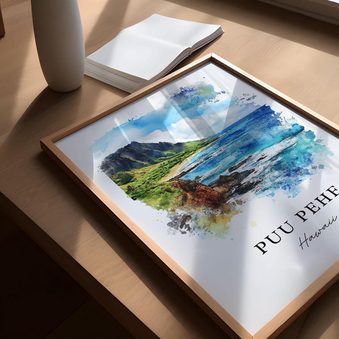 Puu Pehe Hawaii Watercolor Sea Cliffs Ocean Scene Art Poster - Image 5