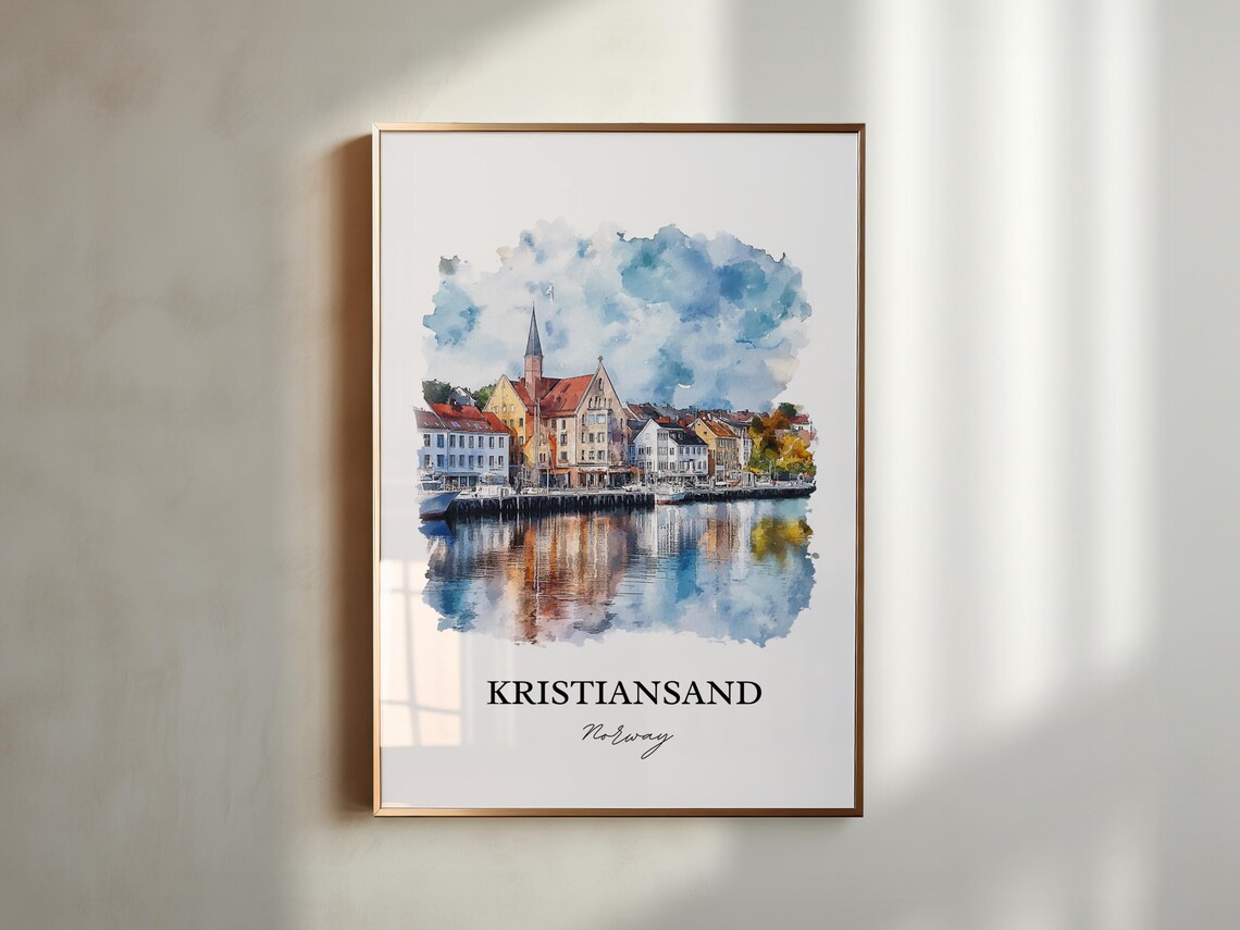 Kristiansand Norway Watercolor Harbor Town Church Travel Poster - Image 2