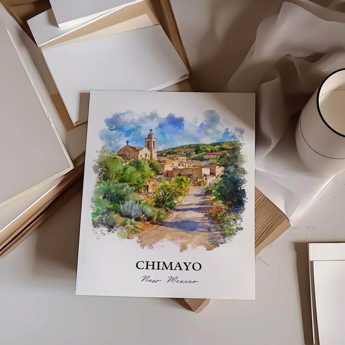 Chimayo New Mexico Adobe Church Village Path Watercolor Travel Poster - Image 3