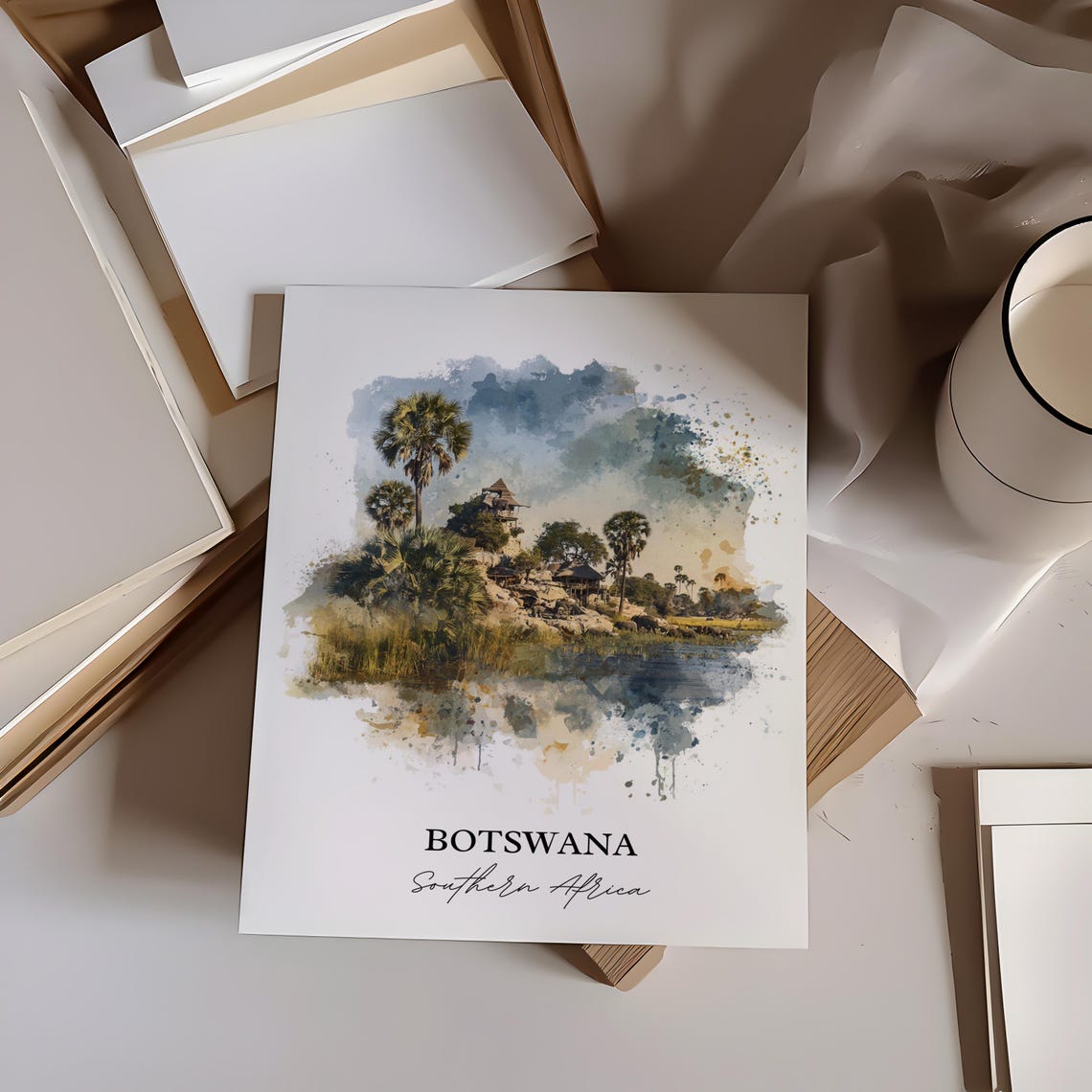 Botswana Southern Africa Riverside Lodge Watercolor Travel Poster - Image 2