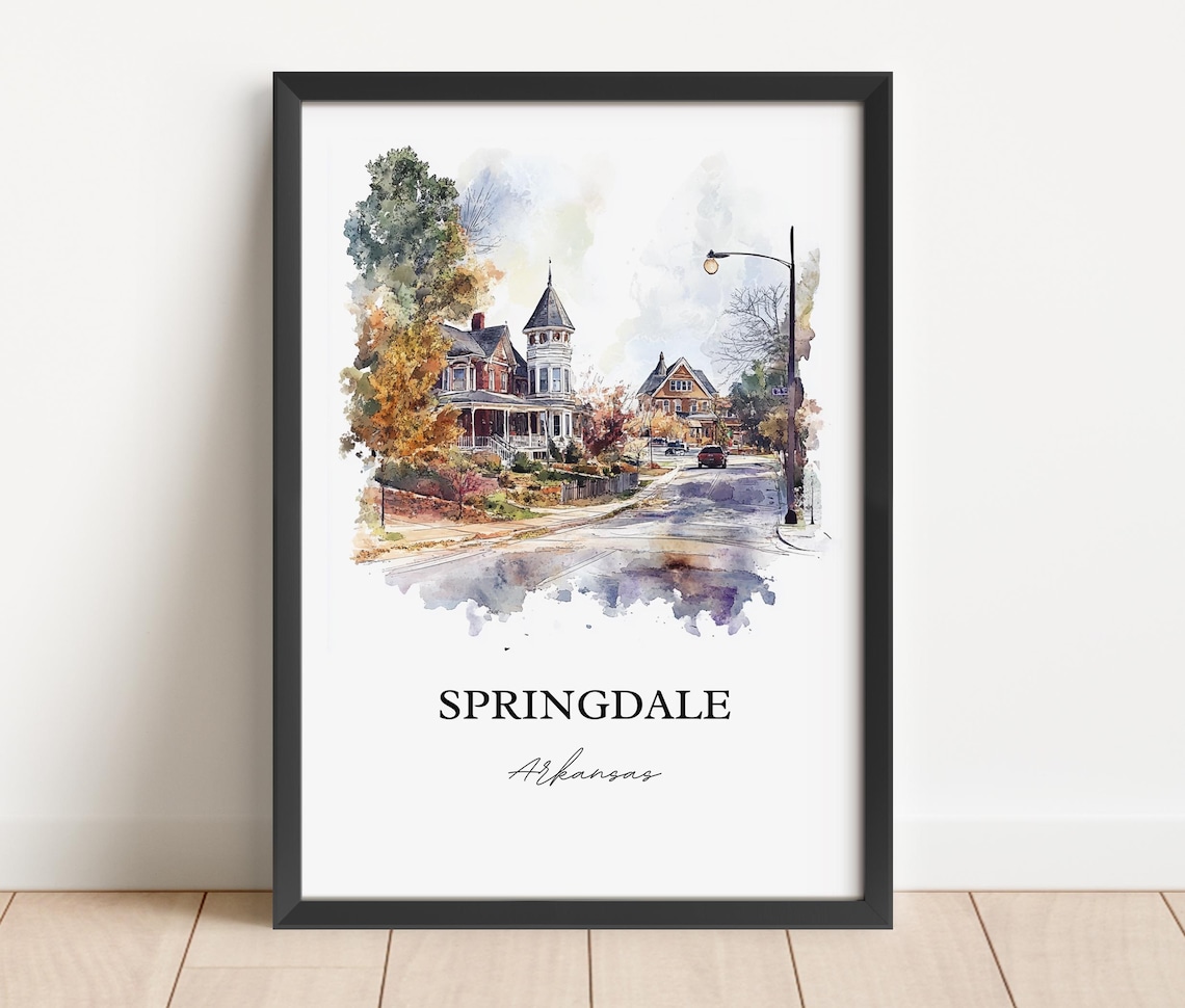 Springdale Arkansas Victorian Street Watercolor Travel Poster - Image 4