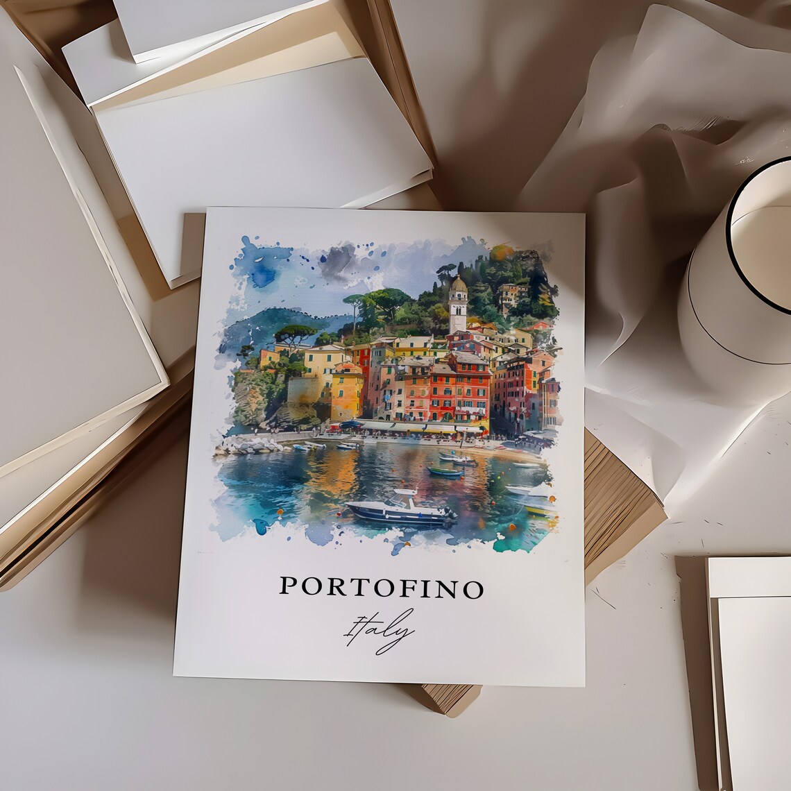 Portofino Italy Harbor Village Boats Watercolor Travel Poster - Image 6