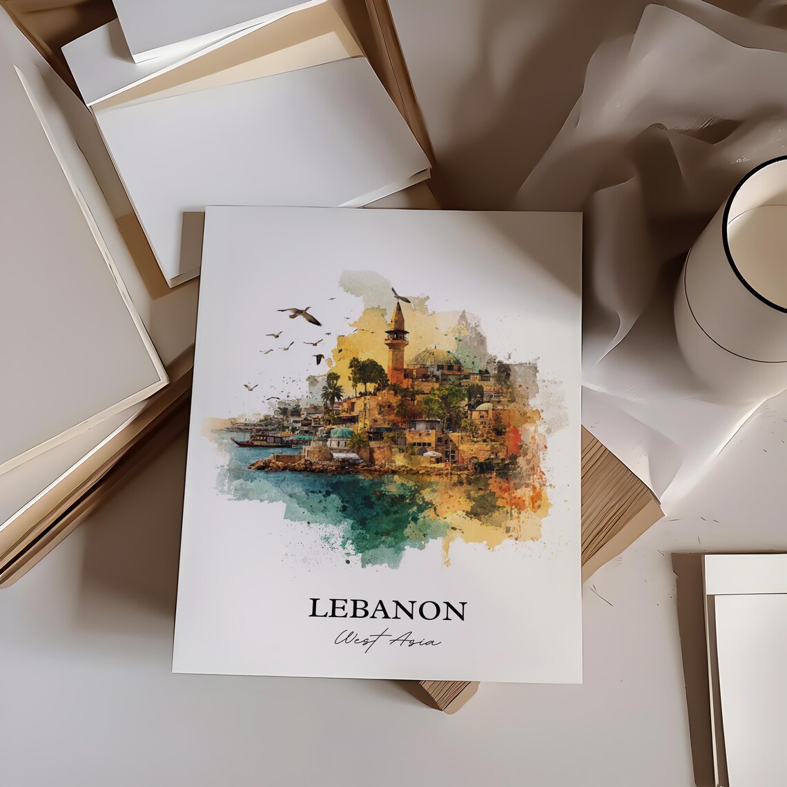 Lebanon West Asia Watercolor Coastal Old Town Minaret Travel Poster - Image 2