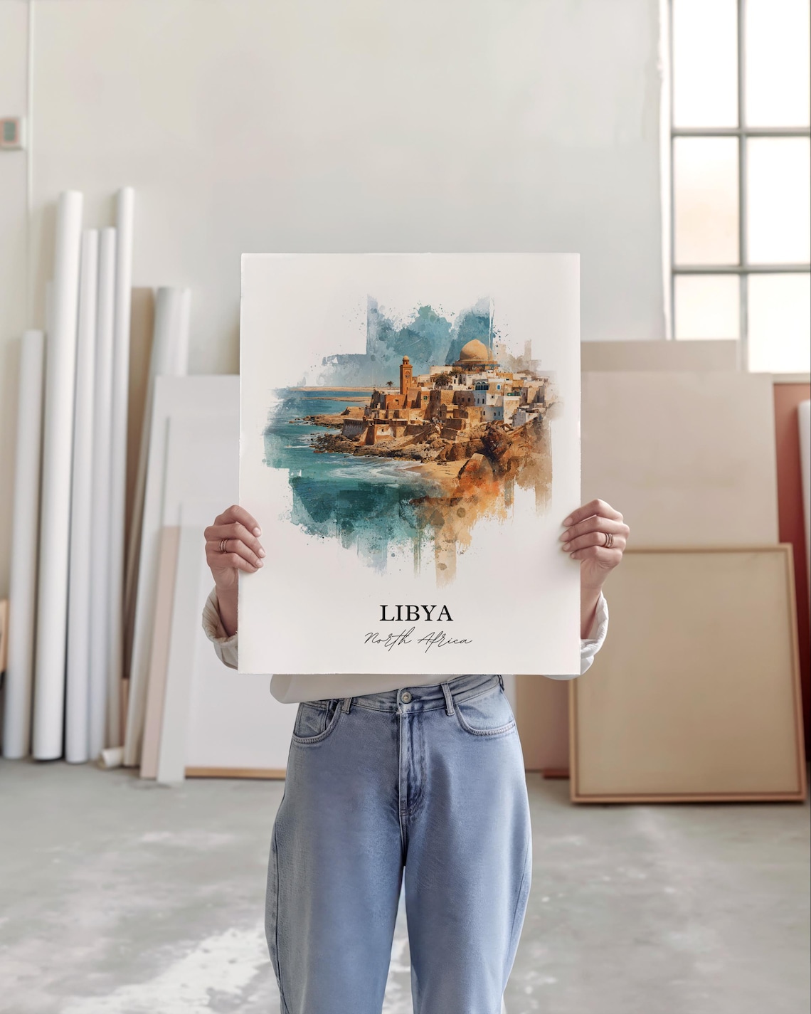 Libya North Africa Coastal Medina Mosque Watercolor Travel Poster - Image 5