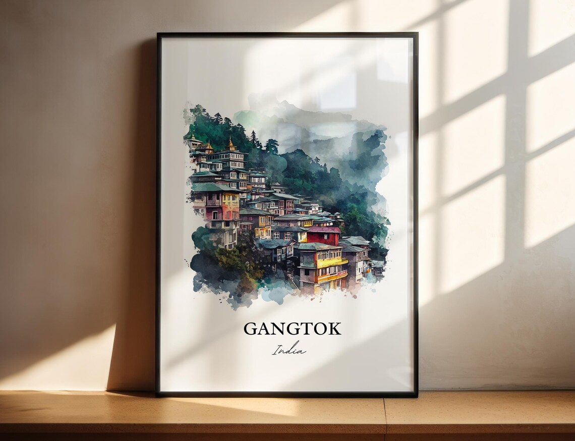 Gangtok India Watercolor Hillside Mountain Town Misty Poster