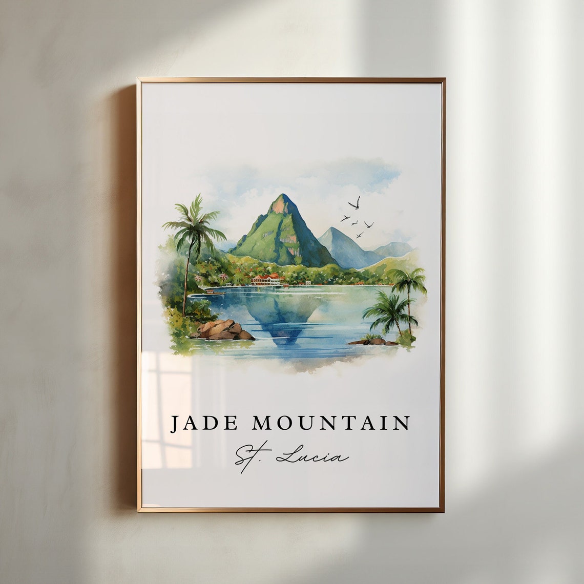 Jade Mountain Traditional Travel Art St Lucia Poster Print Wedding Gift Birthday Present Custom Text Perfect