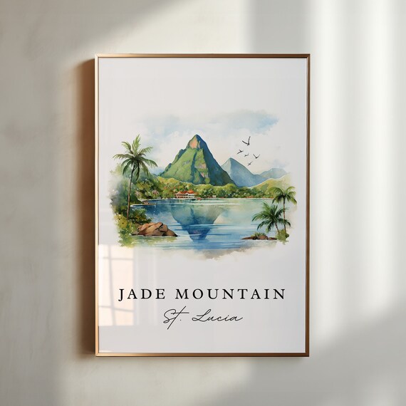 Jade Mountain Traditional Travel Art St Lucia Poster Print Wedding Gift Birthday Present Custom Text Perfect