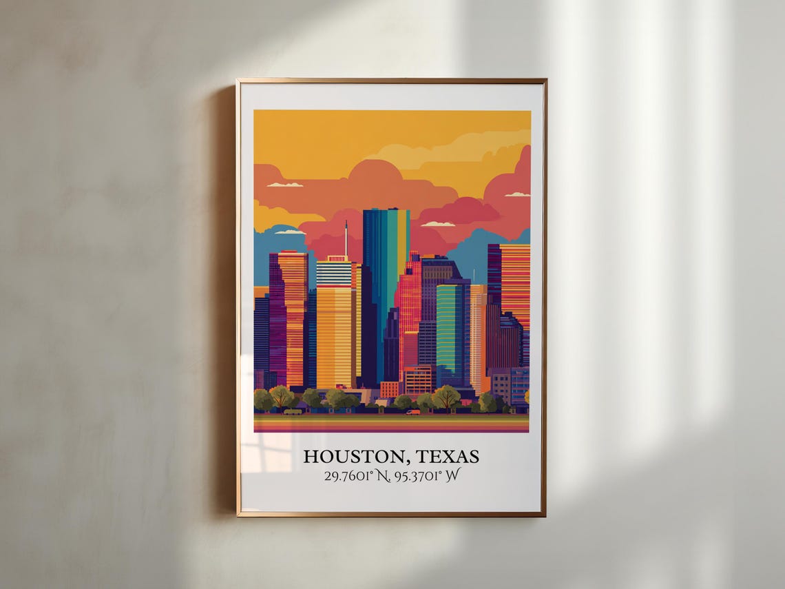 Houston Texas Colorful Downtown Skyline Sunset Clouds Travel Poster - Image 2