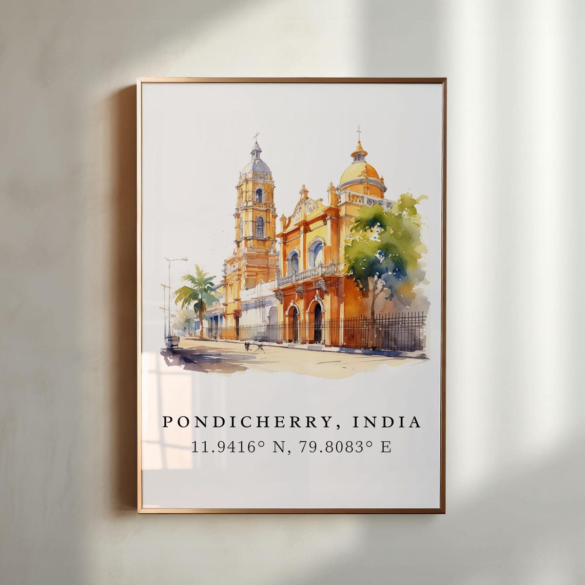Pondicherry India Coordinates Colonial Church Watercolor Travel Poster