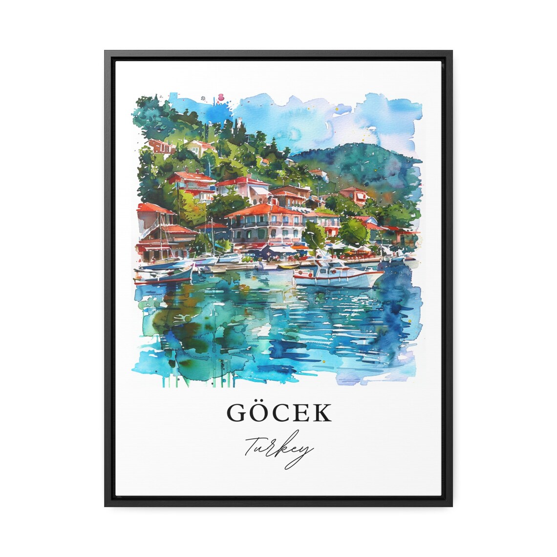 Gocek Turkey Watercolor Harbor Boats Hillside Village Poster - Image 3