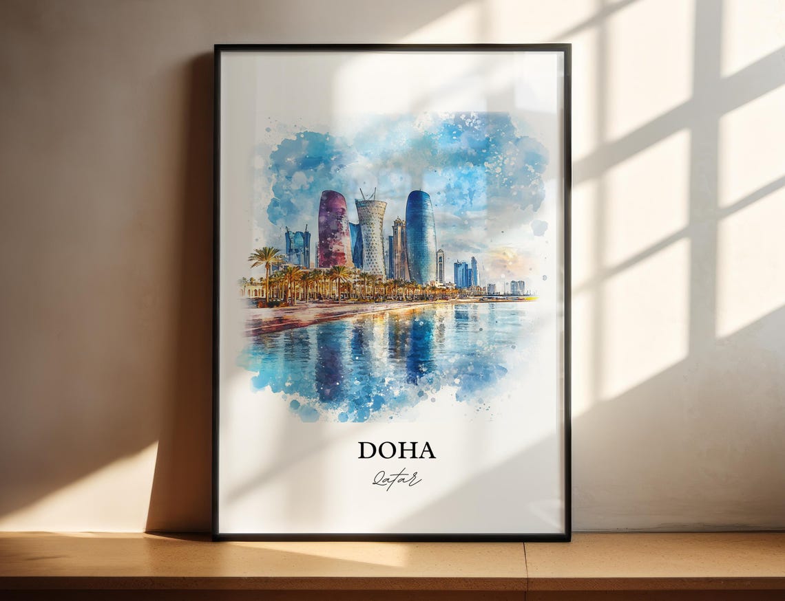 Doha Qatar Waterfront Modern Skyline Watercolor Travel Poster