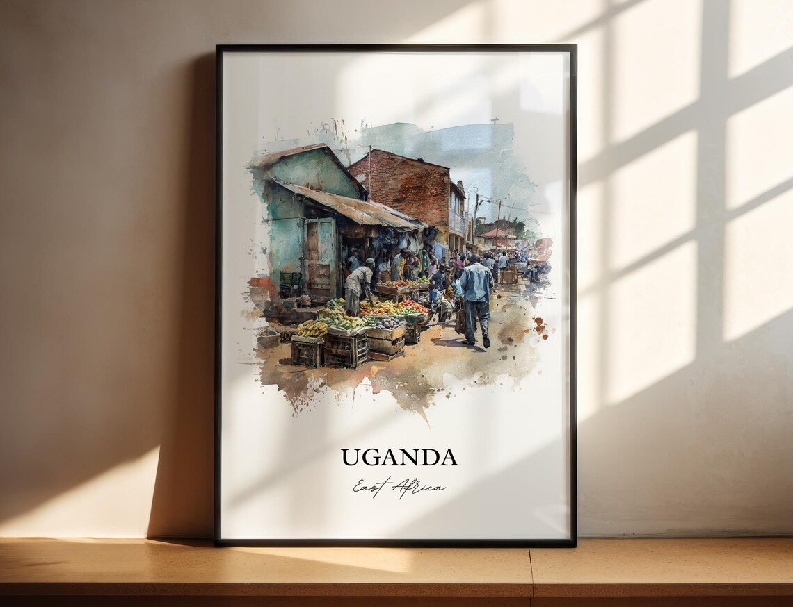 Uganda East Africa Market Vendors Street Watercolor Travel Poster