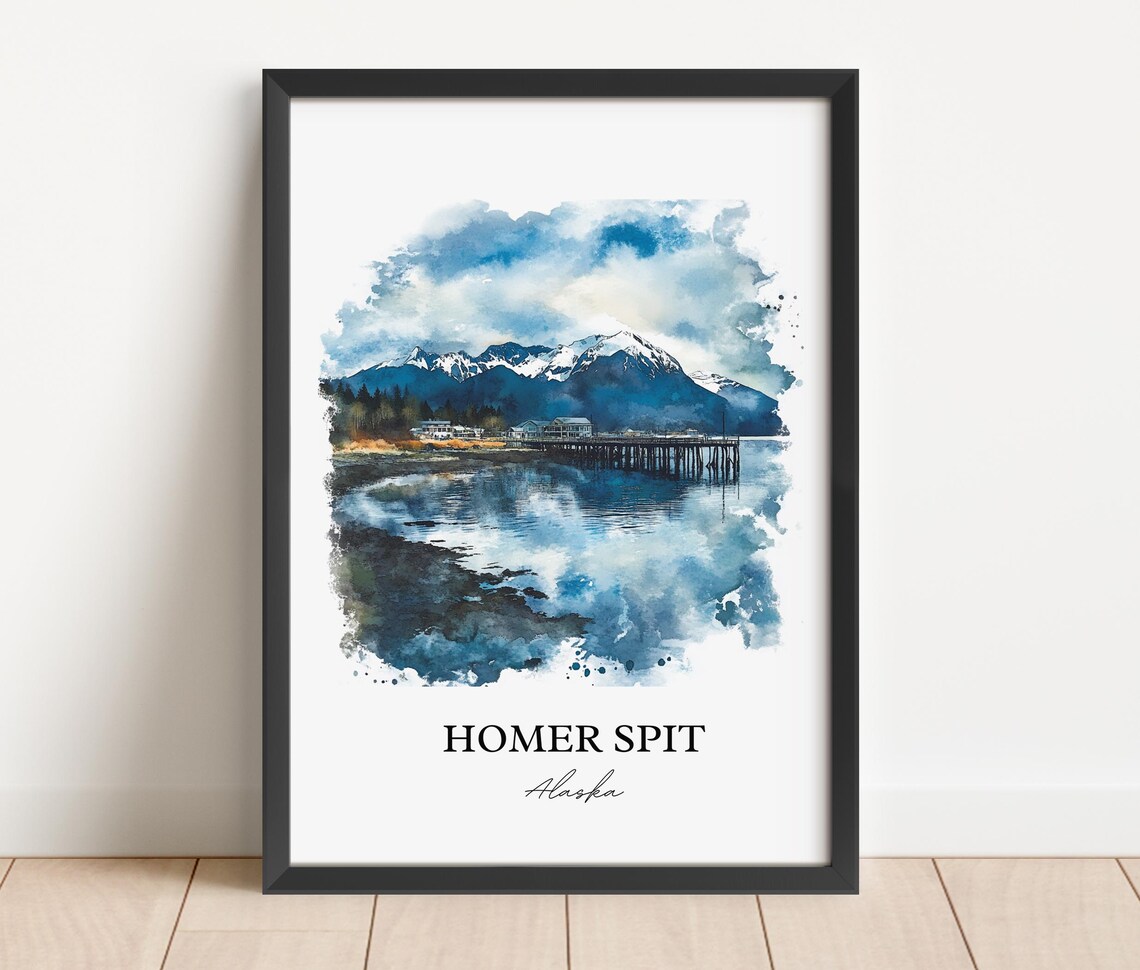 Homer Spit Alaska Pier Watercolor Mountain Harbor Travel Poster - Image 2