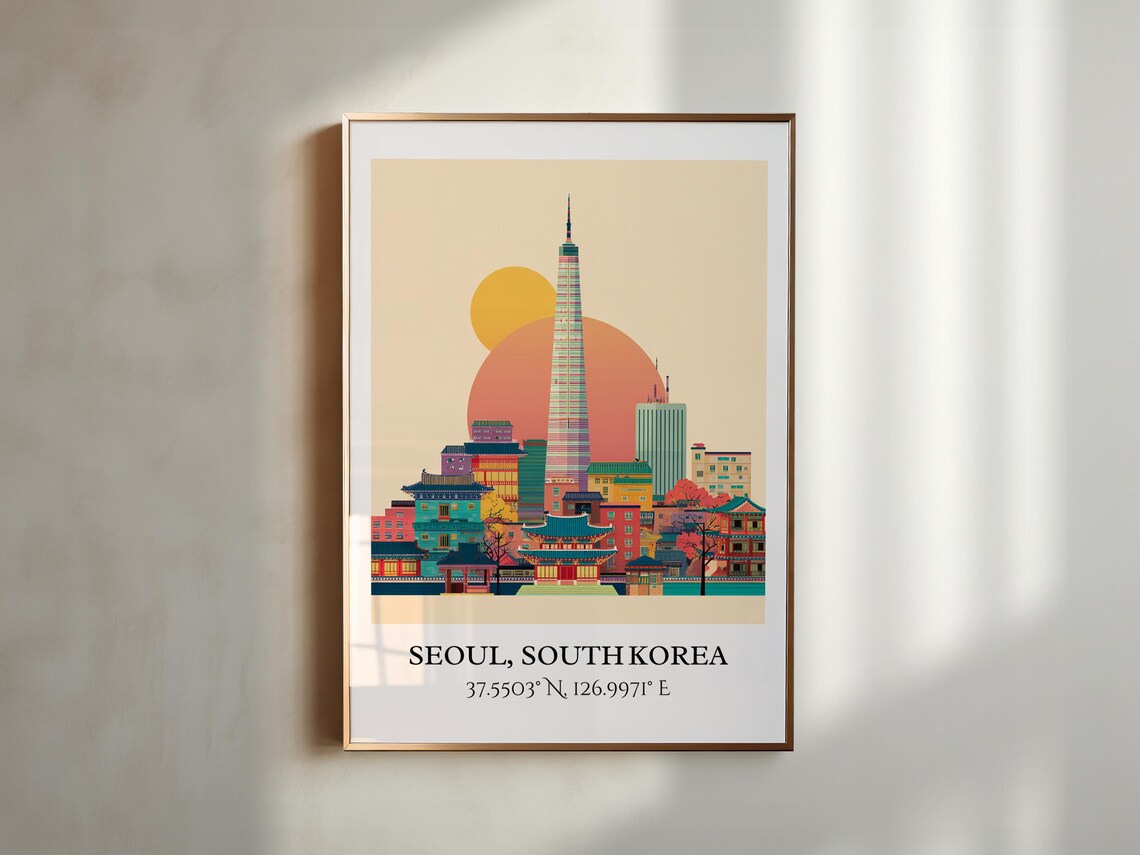 Seoul South Korea Lotte Tower Palace Rooftops Retro Travel Art Poster - Image 3