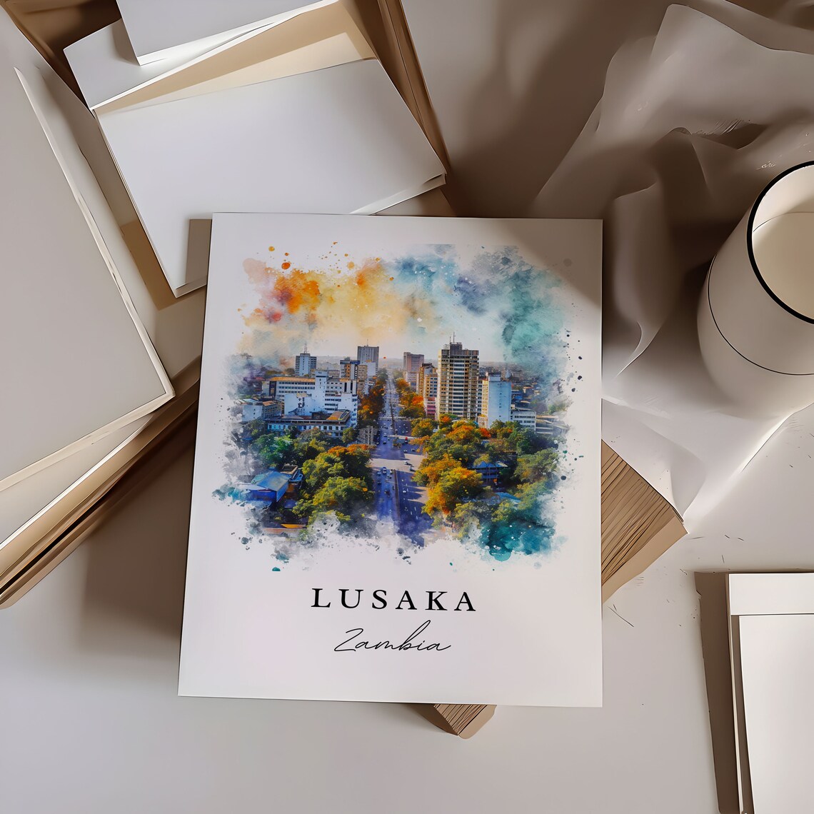 Lusaka Zambia African Watercolor City Skyline Boulevard Poster - Image 7