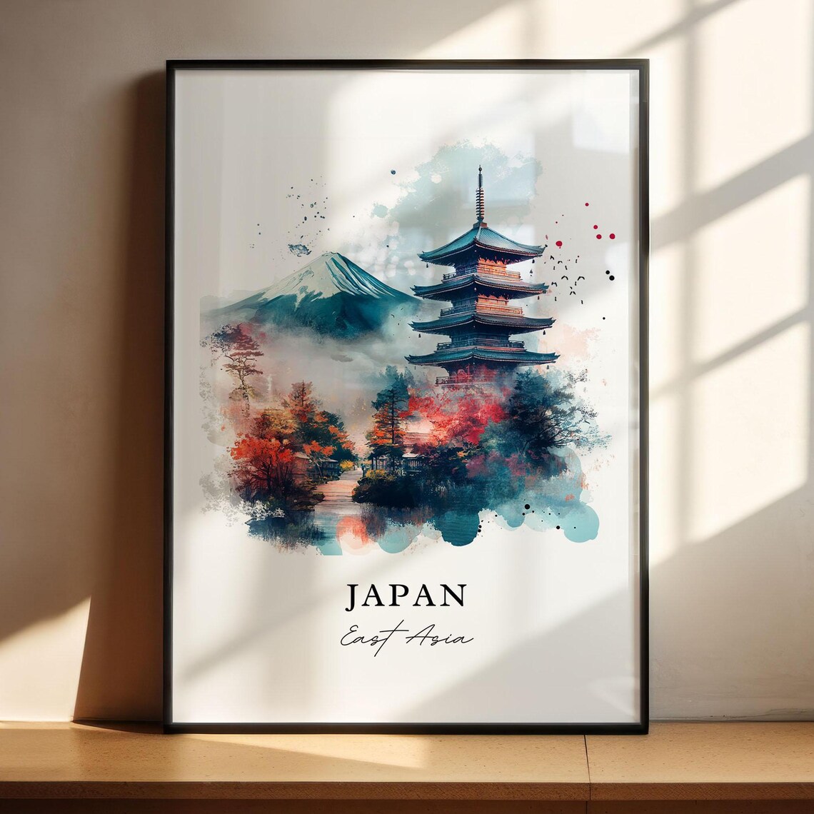 Japan Watercolor Art Mount Fuji Pagoda Autumn Foliage Poster - Image 5