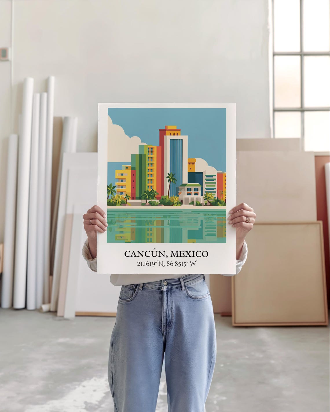Cancun Mexico Beachfront Skyline Palms Water Reflection Travel Poster - Image 5