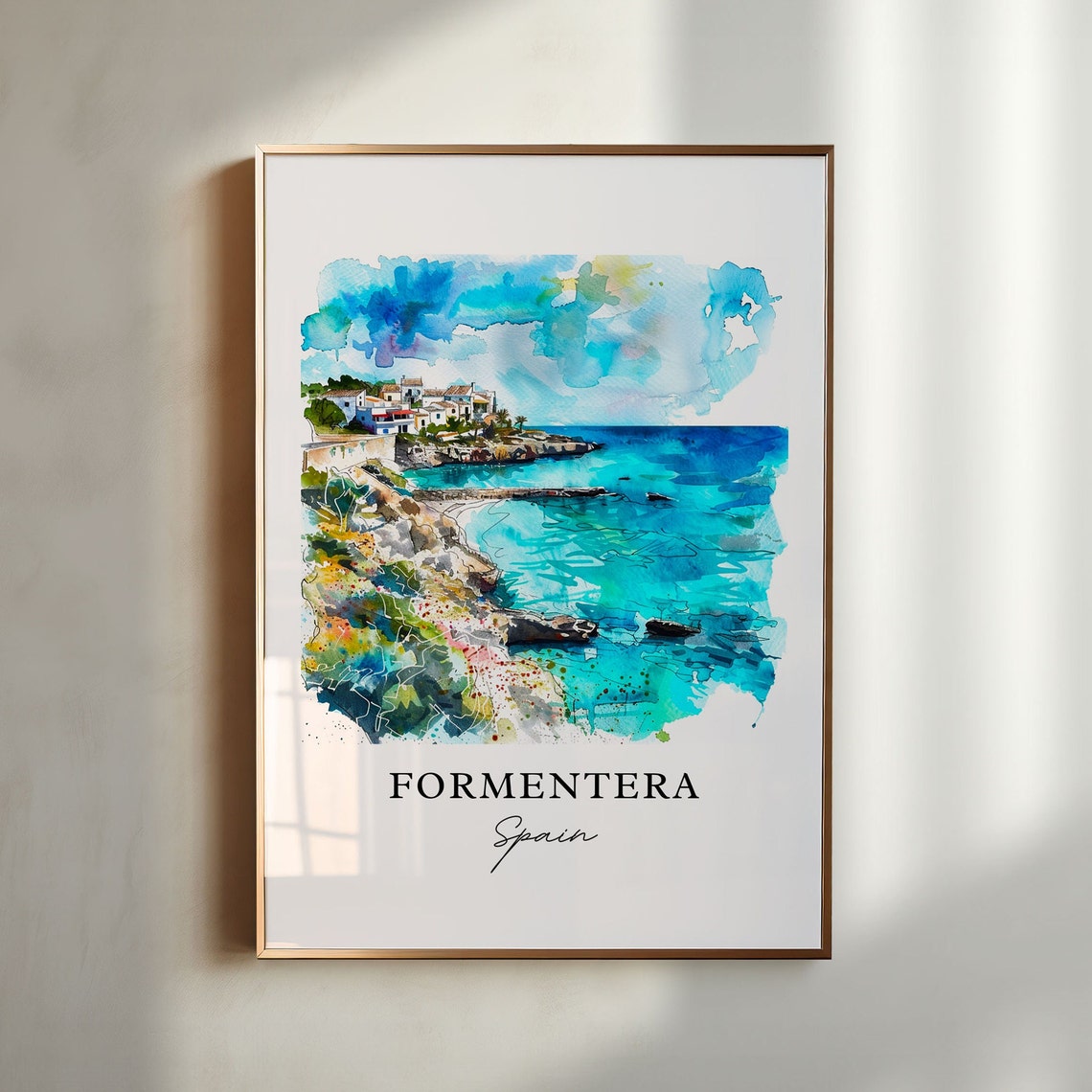 Formentera Spain Turquoise Cove Beach Watercolor Travel Poster