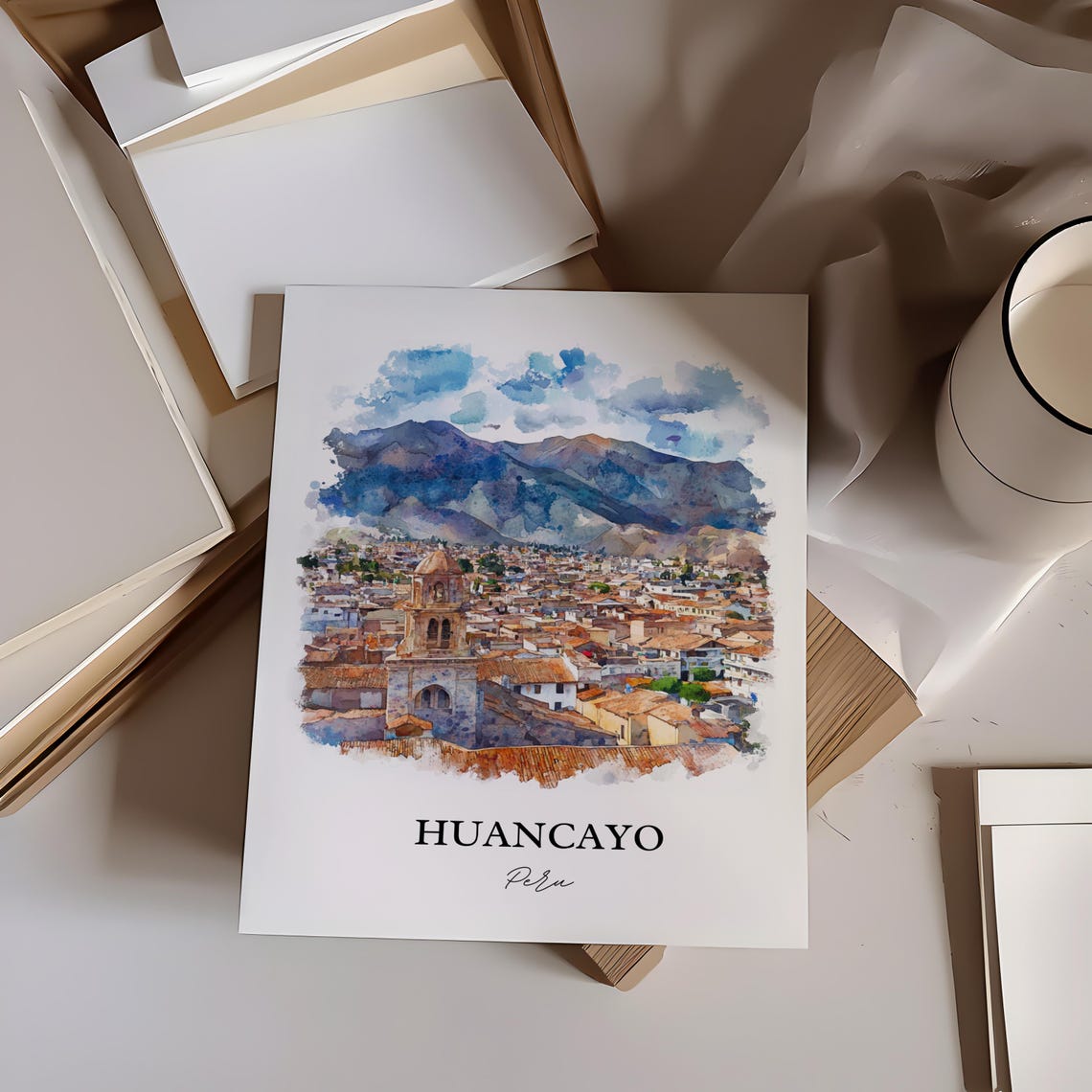 Huancayo Peru Watercolor Cathedral Tower Mountain Town Poster - Image 3