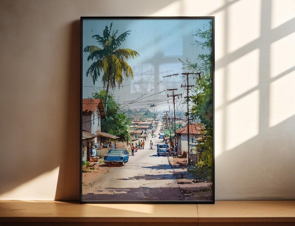 Lome Togo Tropical Street Scene With Palms Watercolor Poster