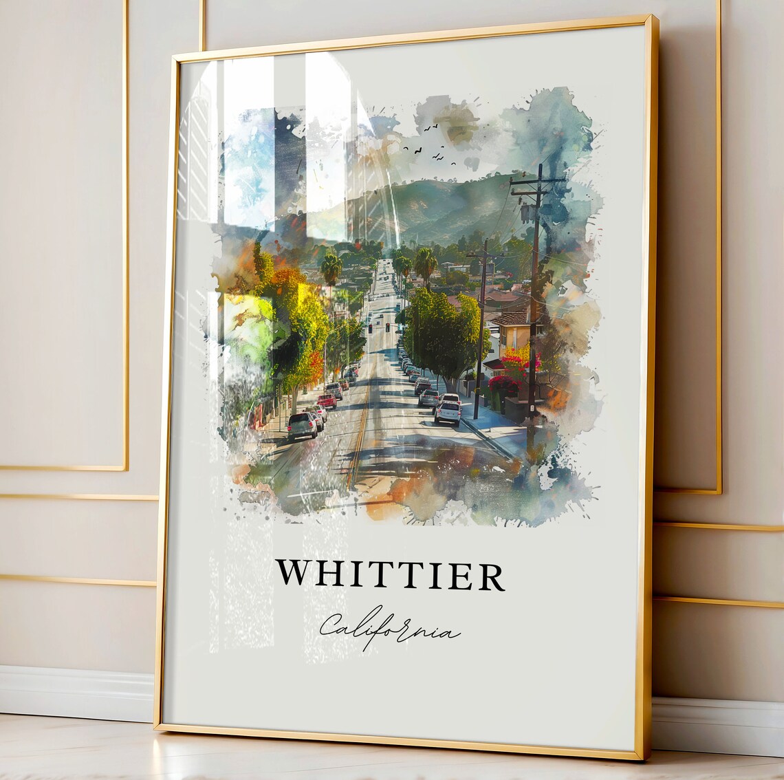 Whittier California Watercolor Palm Lined Street Hills Poster - Image 3