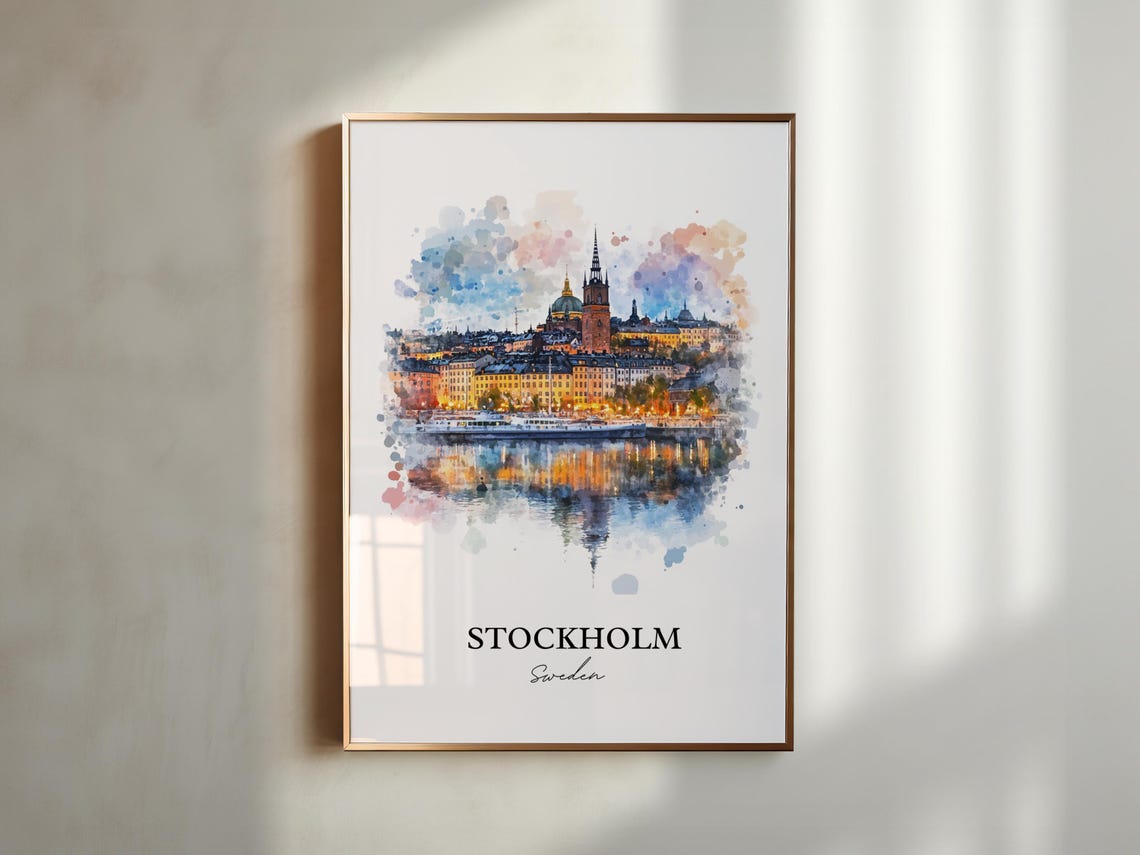 Stockholm Sweden Night Harbor Gamla Stan Watercolor City Poster - Image 4