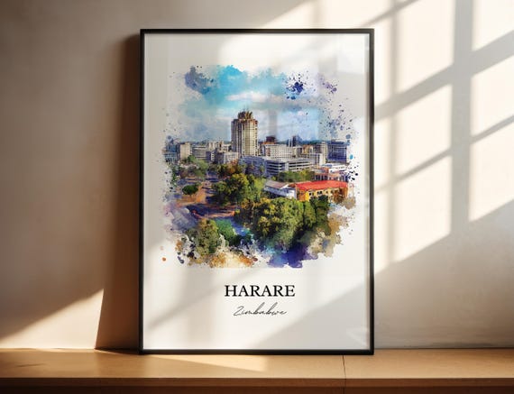 Harare Wall Art Print Zimbabwe Watercolor Gift Travel Poster Housewarming