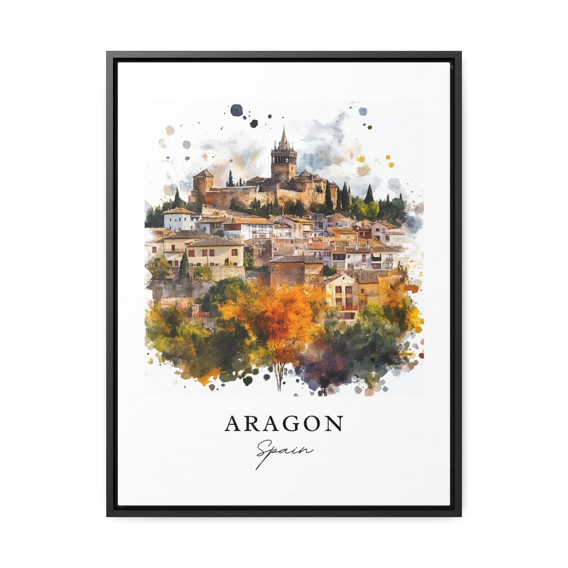 Aragon Spain Historic Hilltop Castle Town Watercolor Travel Poster - Image 2