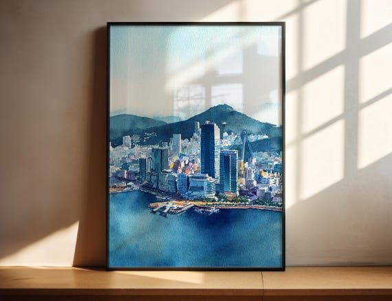 Busan South Korea Watercolor Art Travel Print Sk Artwork Decor Skyline Wall