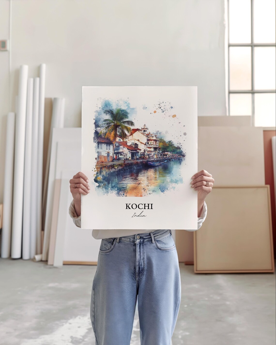 Kochi India Watercolor Harbor Scene Travel Souvenir Art Poster - Image 5