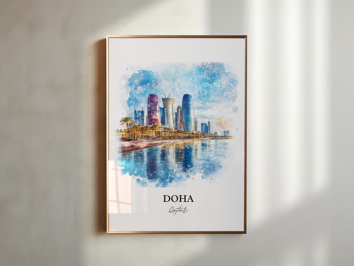 Doha Qatar Waterfront Modern Skyline Watercolor Travel Poster - Image 2