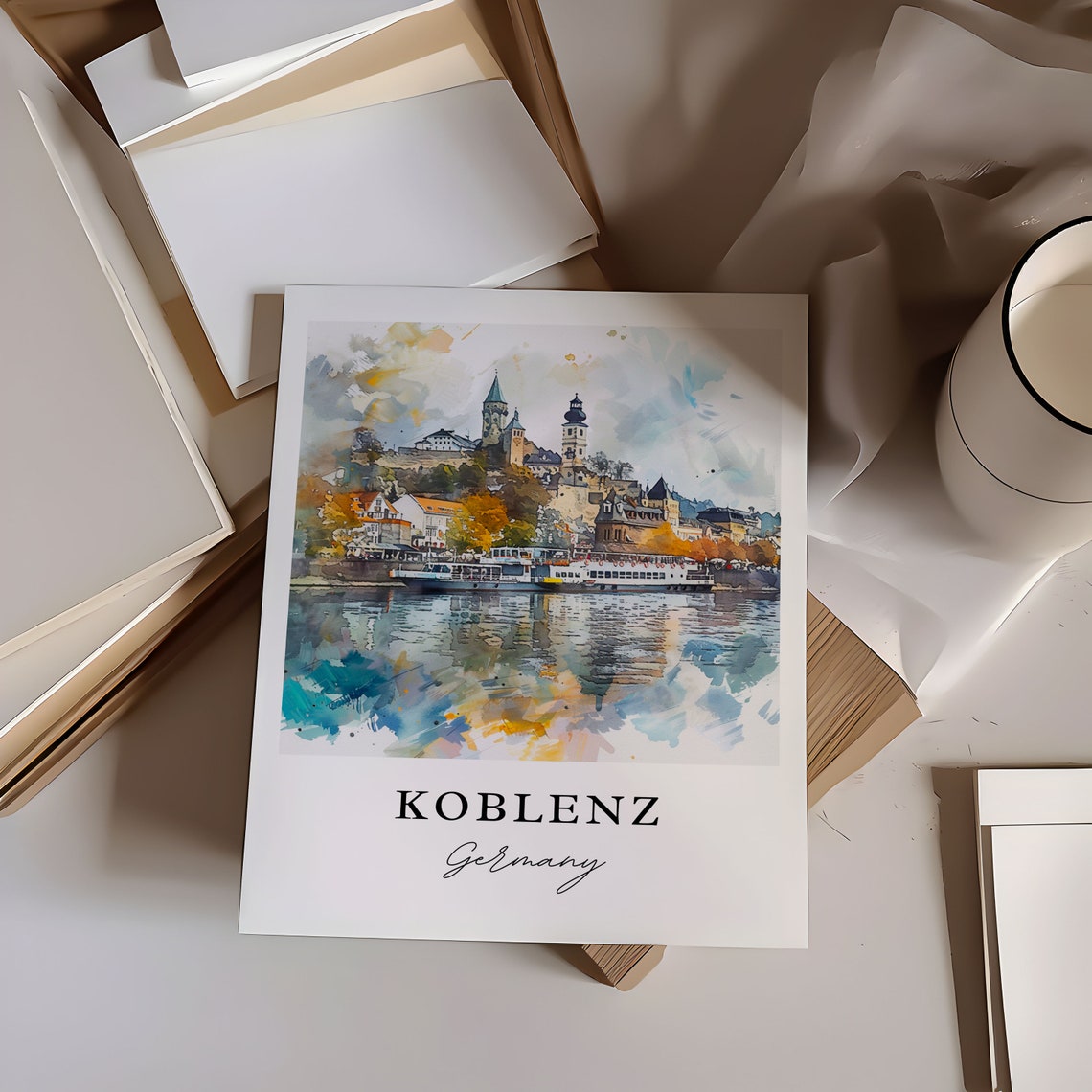 Koblenz Germany Rhine Riverfront Castle Watercolor Travel Poster - Image 6