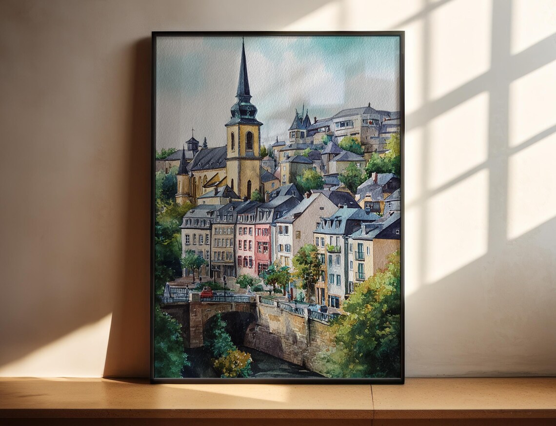European Hill Town Church Spire Bridge Watercolor Village Wall Art