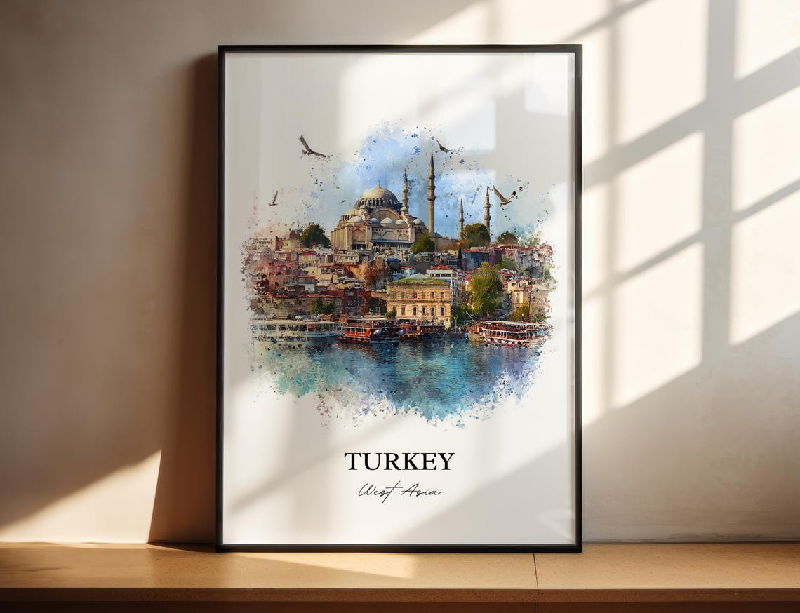 Turkey Watercolor Art Ottoman Mosque Waterfront Minarets Poster