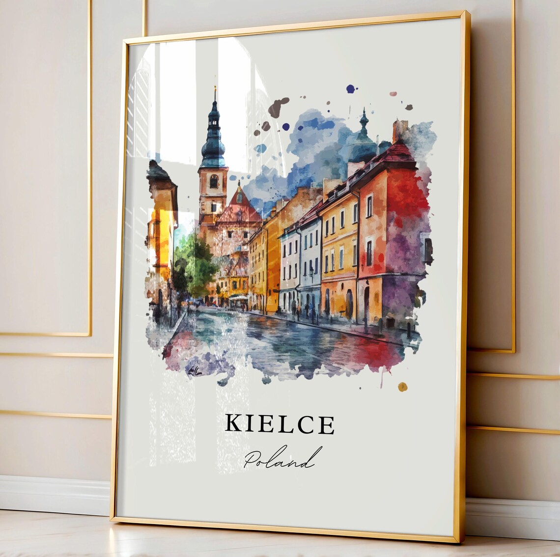 Kielce Poland Historic Old Street Cathedral Watercolor Travel Poster - Image 4