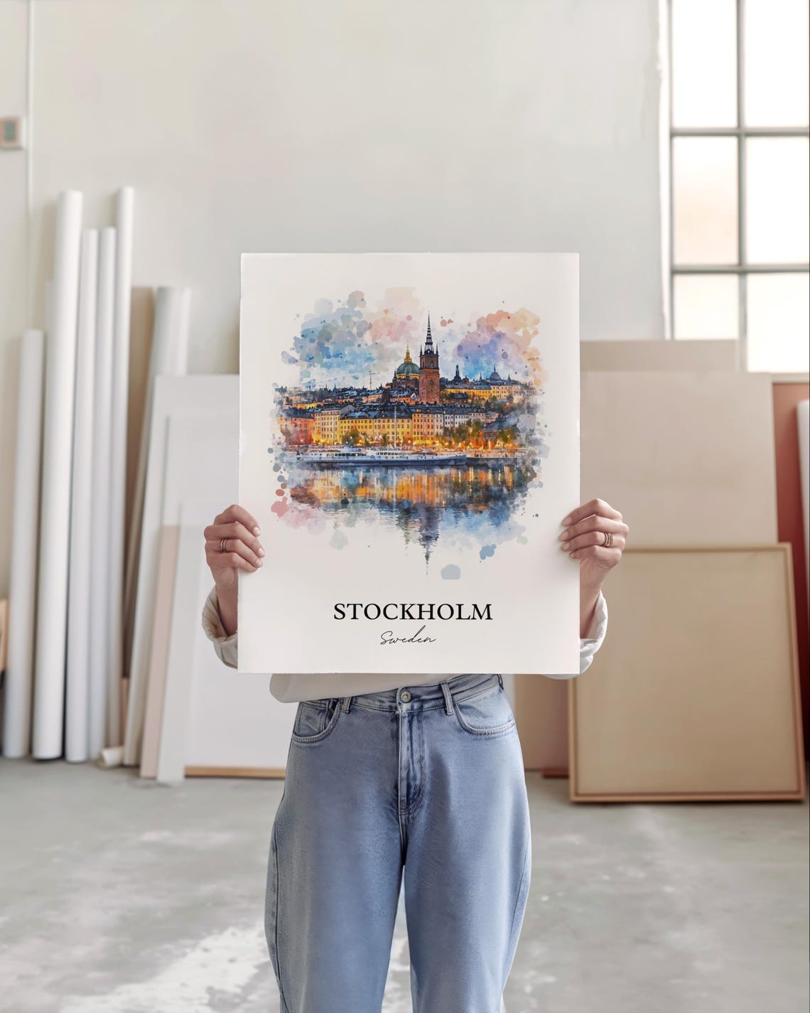 Stockholm Sweden Night Harbor Gamla Stan Watercolor City Poster - Image 2