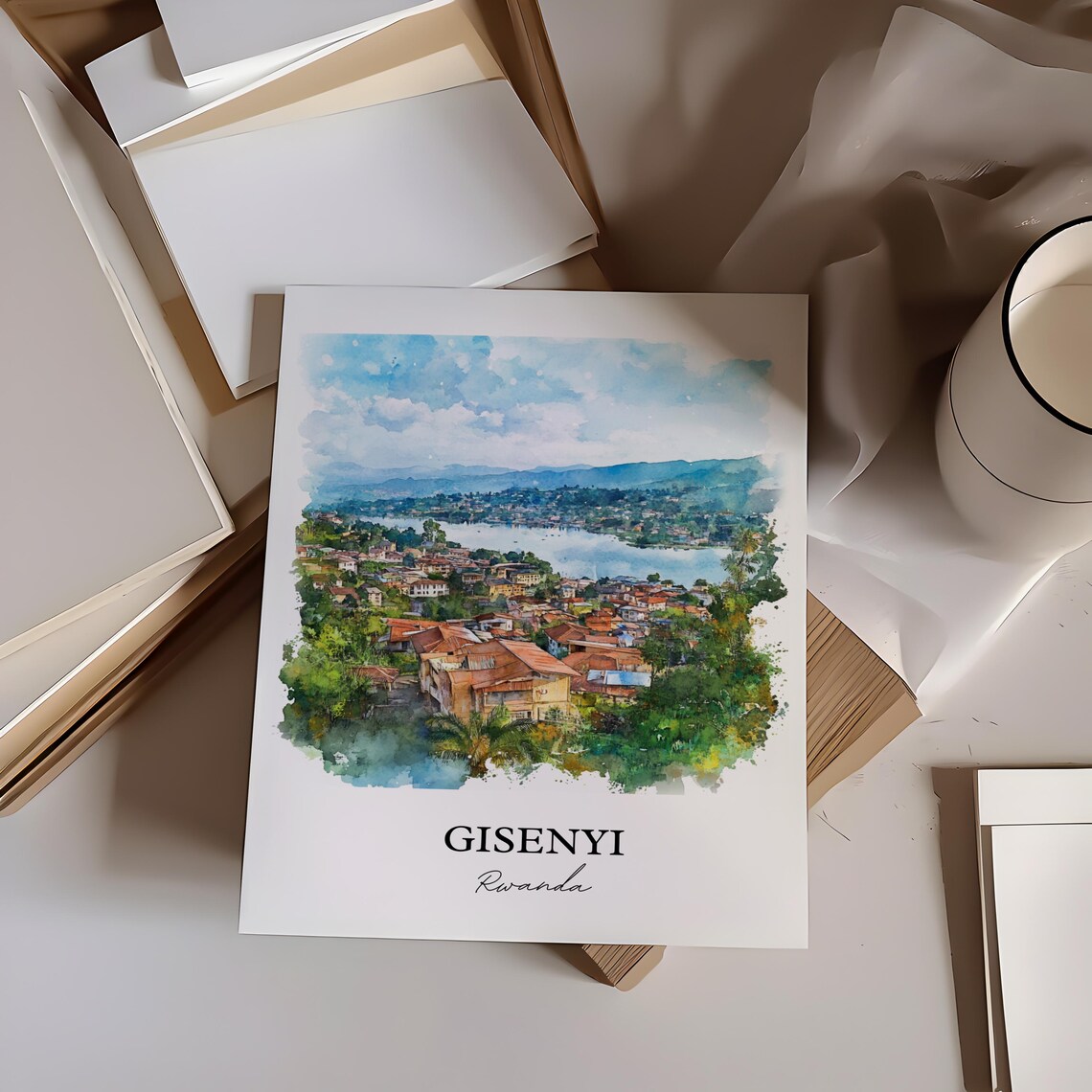 Gisenyi Rwanda African Watercolor Lakeside Hills Town Art Poster - Image 5