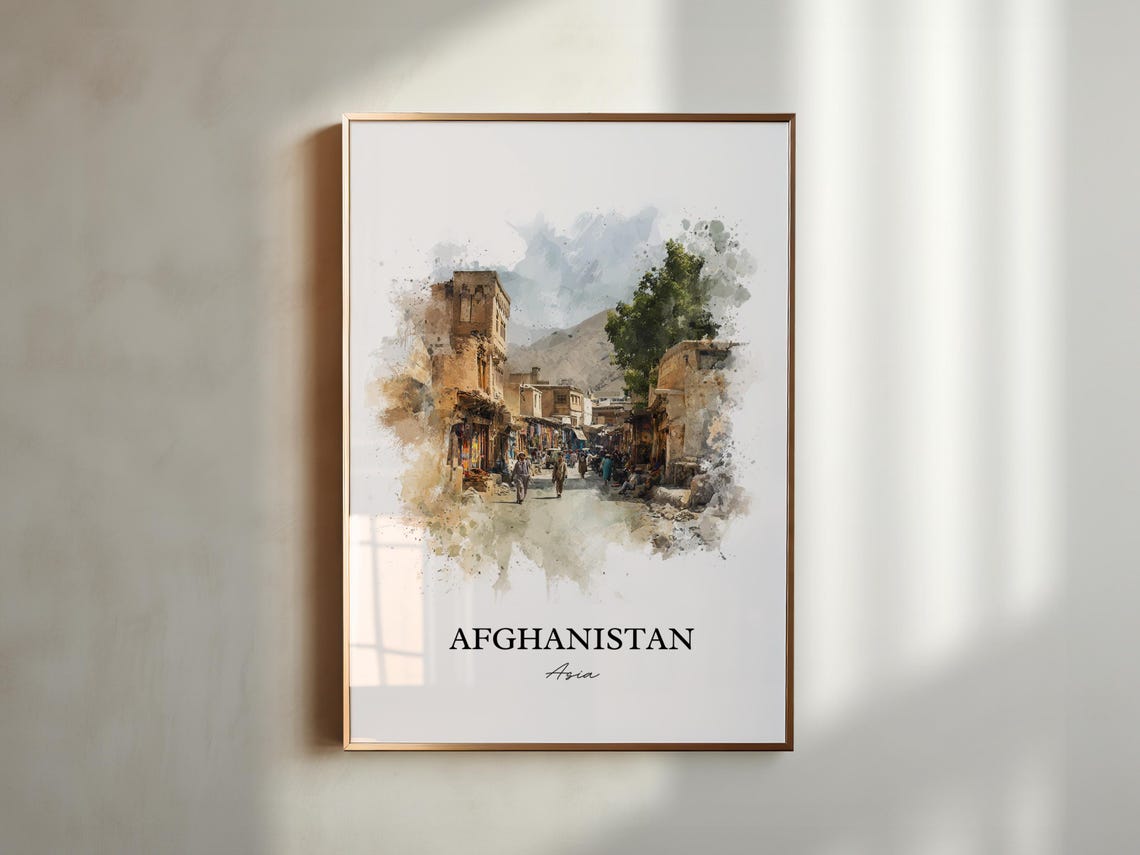 Afghanistan Asia Old Bazaar Mountain Street Watercolor Travel Poster - Image 5