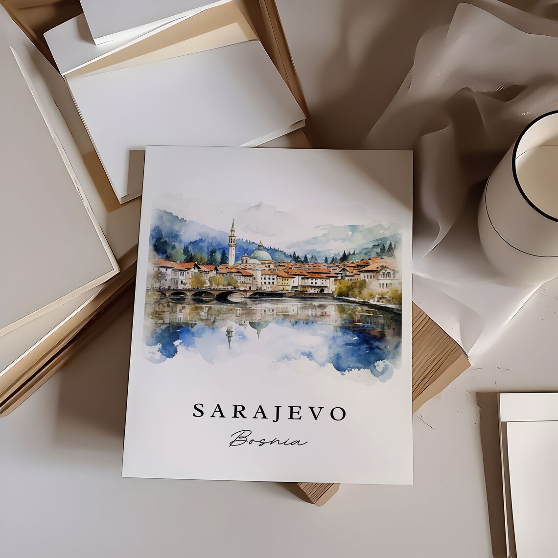 Sarajevo Bosnia Watercolor River Bridge Minaret Old Town View Poster - Image 2