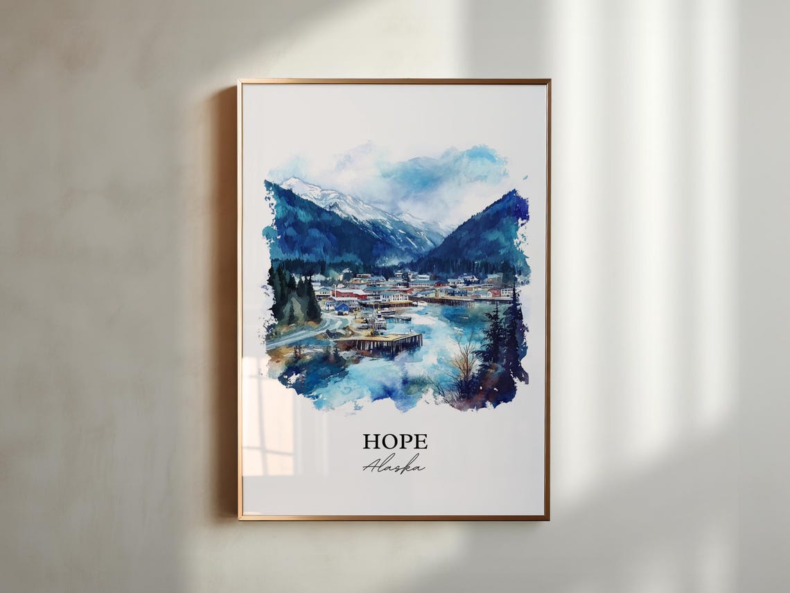 Hope Alaska Harbor Mountain Snow Peak Watercolor Travel Poster - Image 5