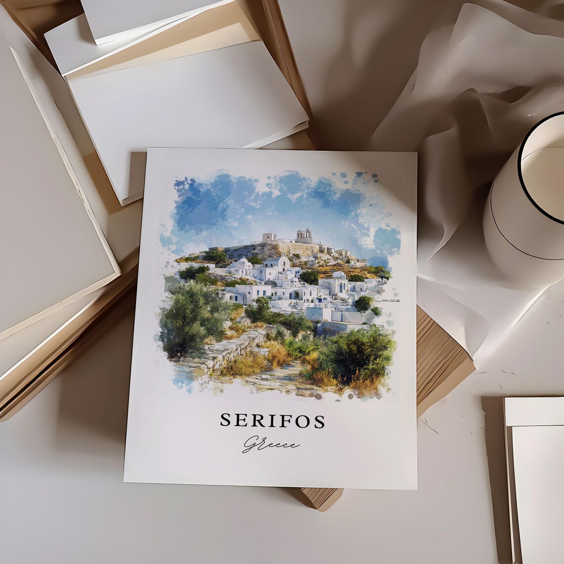 Serifos Greece Cyclades Island Village Watercolor Travel Poster - Image 6