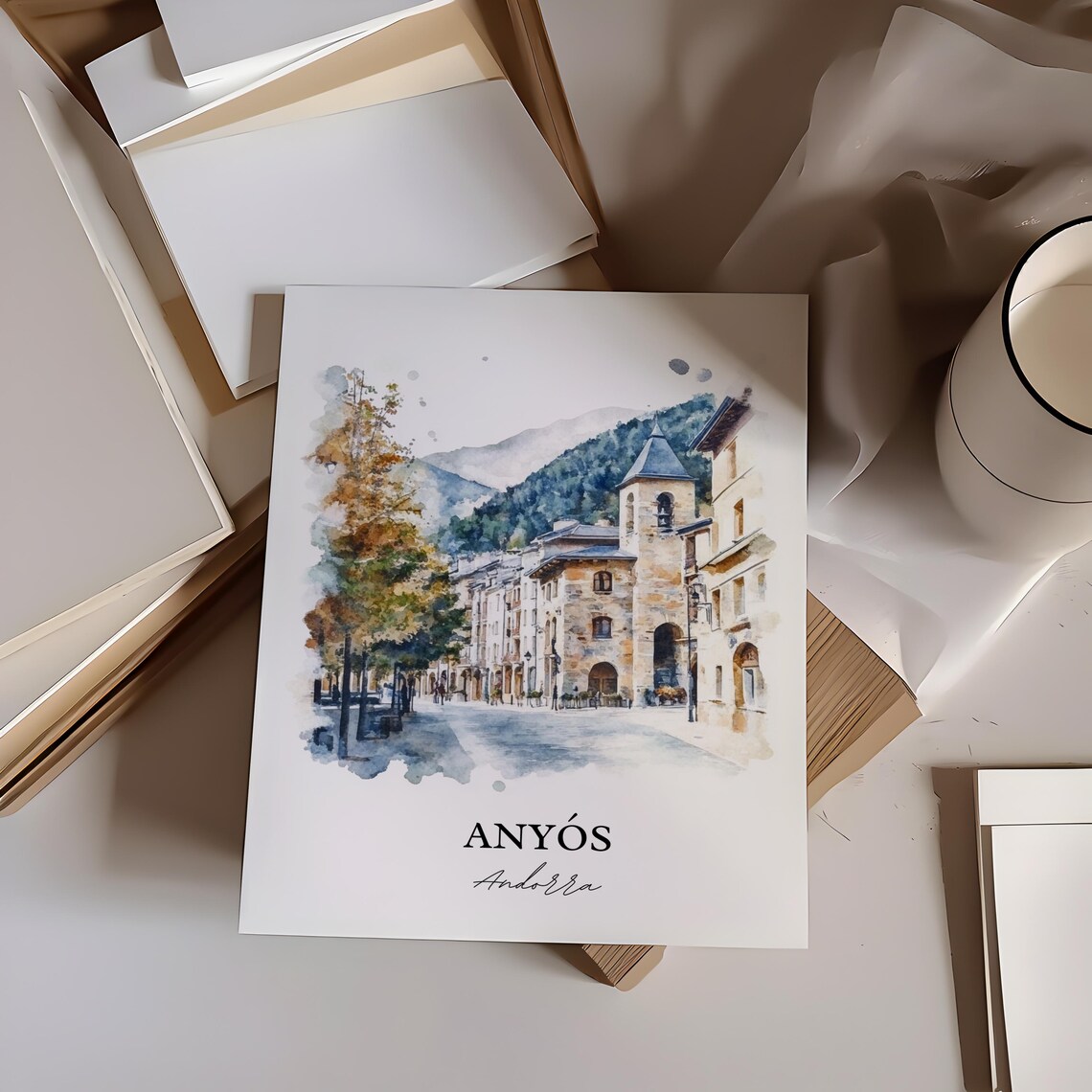 Anyós Andorra Mountain Street Watercolor Minimalist Travel Poster - Image 4