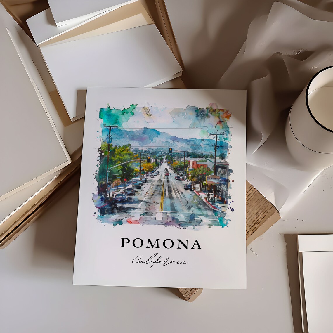 Pomona California Watercolor Downtown Street Mountain View Poster - Image 6