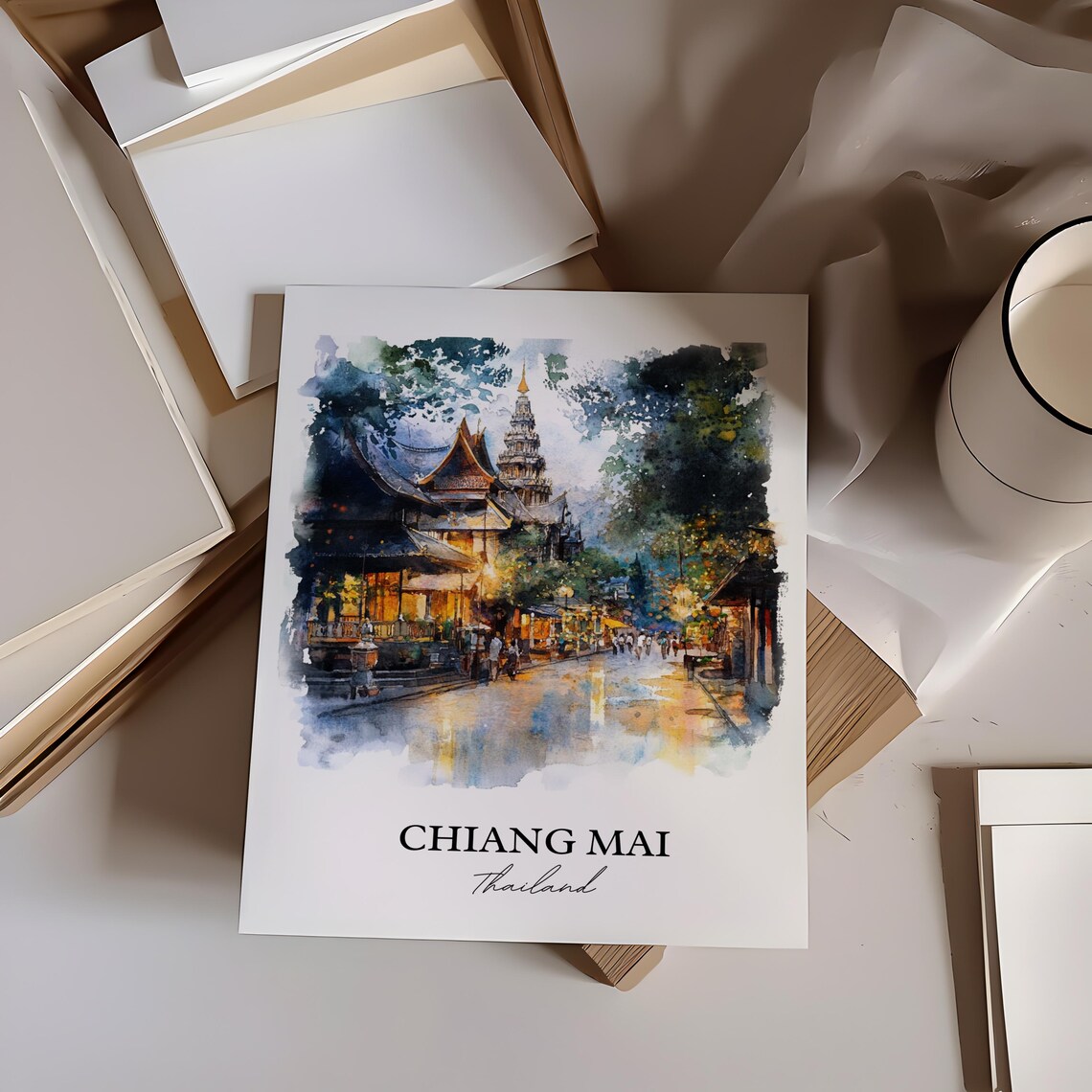 Chiang Mai Thailand Night Street Temple Watercolor Travel Poster - Image 3