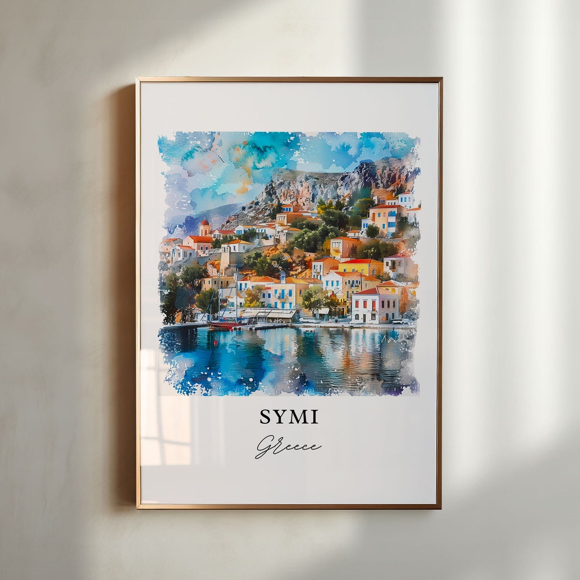 Symi Greece Dodecanese Harbor Island Watercolor Village Poster