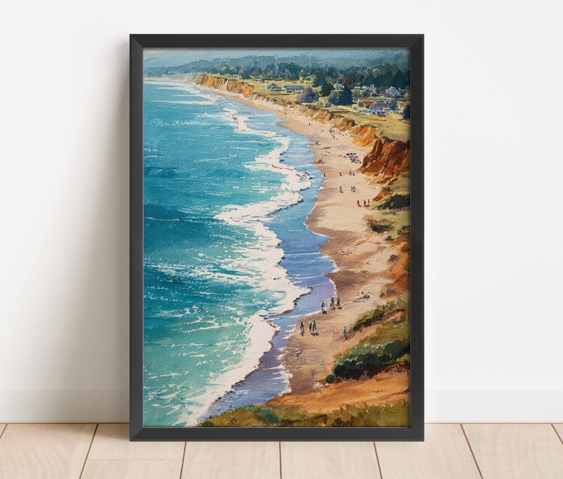 Half Moon Bay California Coastal Cliffs Beach Waves Watercolor Poster
