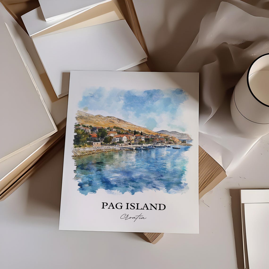Pag Island Croatia Hillside Coastal Village Watercolor Poster - Image 4